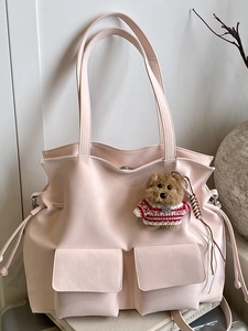 Korean Style Large Capacity PU Leather Tote Bag For Women With Multi Pockets And Bear Pendant Office Commuting Shoulder Bag