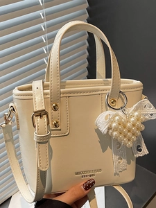 Women Fashion PU Leather Bucket Bag Elegant Mini Tote with Artificial Pearl Heart Charm Simple Handle Shoulder Crossbody Bag Daily Commute