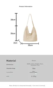 Size chart showing dimensions for a beige hollow flower crochet woven shoulder beach bag