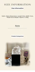 Detailed view of white nylon school bag with red bow embroidery and soft sheep keychain