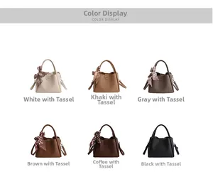 Detailansicht der Kunstleder-Eimertaschen in Weiß, Khaki, Grau und weiteren Farben