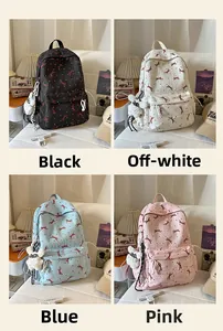 Collage of chic bow print backpacks in black, off-white, blue, and pink with plush charms