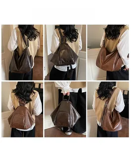 Detailed views of vintage brown large capacity tote bag with versatile carrying options