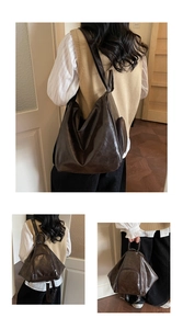 Deep brown pleated faux leather tote and triangle backpack with vintage texture