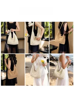 Detailed views of handmade crochet hobo bag with flower patterns in sand and beige