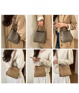 Detailed views of grey and tan leather bucket bags with adjustable shoulder straps