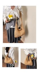 Detail of hollow floral crochet pattern on beige cotton woven shoulder beach bag