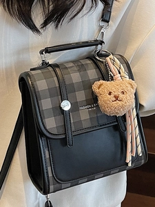Retro grey plaid and black leather backpack with a cute teddy bear charm for women