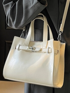 Vintage style cream PU leather crossbody bag with metallic turn-lock and top handle
