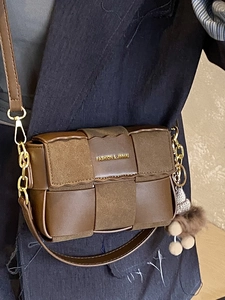 Vintage dark brown woven leather square bag for women with golden chain and plush charm
