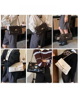 Detail shots of quilted tote bag in brown, black, and beige with chain straps