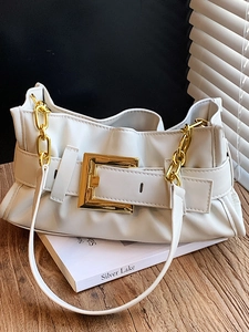 Vintage Pleated Underarm Bag For Women PU Leather Fashion Ruched Shoulder Bag With Gold Buckle Chain Strap Daily Purse