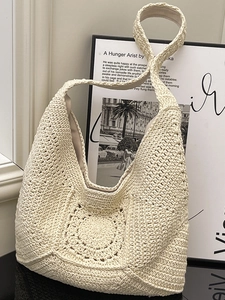 Handmade Crochet Woven Tote Bag Large Capacity Straw Shoulder Bag Hollow Flower Pattern Beach Travel Bag For Women