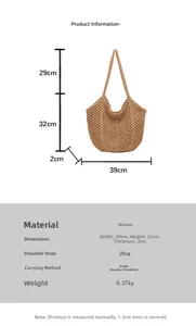 Detailed size specifications for large khaki woven tote bag showing 39cm width and height