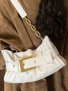 Chic white pleated underarm bag with gold square buckle and chain strap for women