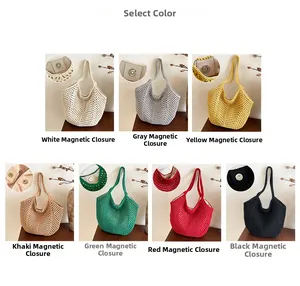 Detail view of woven beach tote bag color options and magnetic clasp closure design