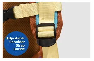 Detail of adjustable backpack buckle with beige strap and brown breathable mesh fabric