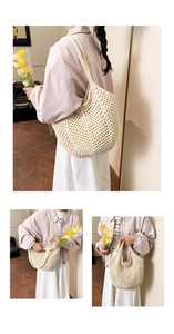 Detail of hand-crocheted beige mesh tote bag with wide strap for beach and casual use