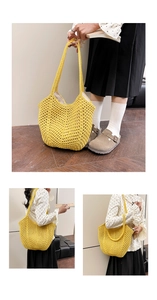 Detailed macro view of the bright yellow hollow-out crochet pattern on a large tote bag