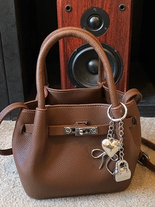 Retro brown lychee leather bucket bag with silver lock and stylish heart pendants