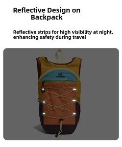 Detail showing high-visibility reflective strips and bungee cord on colorful outdoor backpack