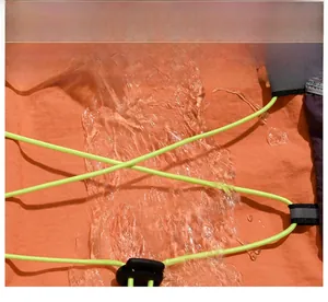 Detail of waterproof orange fabric with neon green cords and reflective safety webbing