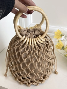 Sac Seau en Maille de Corde de Paille Tissé à la Main Avec Poignées en Anneau de Bois pour Femme Sac à Main Décontracté Plage