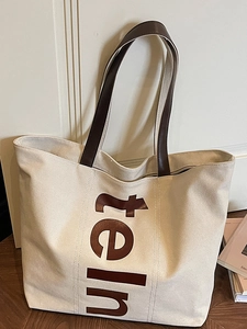 Sac Cabas en Toile de Grande Capacité pour Femmes Sac à Épaule Minimaliste Imprimé Lettres Avec Bandoulières en Cuir Patchwork