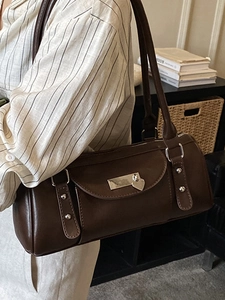 Dark brown PU leather shoulder bag with silver heart pendant and stylish rivet details