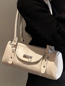 Minimalist cream white cylinder shoulder bag with silver heart charm and PU leather texture
