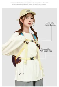 Detail of ergonomic carrying system with chest straps and lumbar support on a travel backpack
