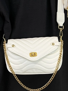 Elegant white V-quilted faux leather shoulder bag with gold chain strap and turn-lock