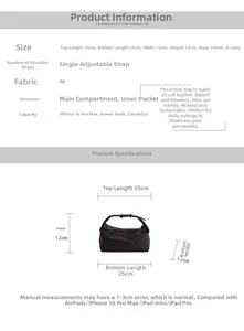 Detail view showing dimensions 25x12x12cm and brown PU leather crossbody bag features