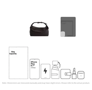 Detailed capacity guide for the dark brown baguette bag showing fits for tablets and phones