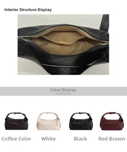 Detail view of the interior compartment and four color variants of the large hobo bag