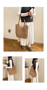 Detailed close-up of woven straw tote bag featuring leather handles and metal rivets