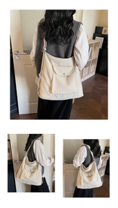 Detailed views of creamy white corduroy tote bag showing large capacity and front pocket