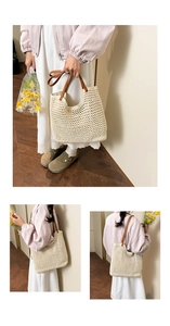 Detail of woven beach tote bag with brown leather handles and breathable mesh texture