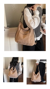 Detailed views of khaki corduroy convertible backpack with metal buckle and vertical texture