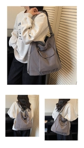 Detail of grey corduroy tote bag showing front flap pocket and adjustable shoulder straps