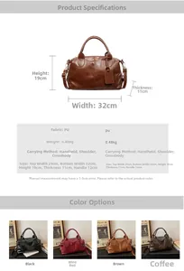 Detailed size chart for the large capacity PU leather Boston handbag with dimensions