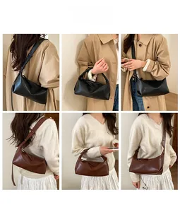 Detail view of retro half-moon bags in black and caramel brown with adjustable straps