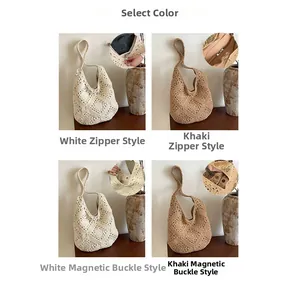 Detail of bohemian woven tote bag showing white and khaki colors with magnetic closure
