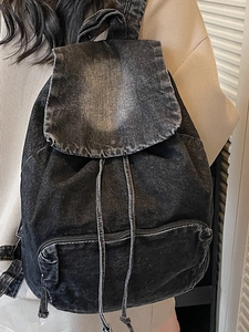 Vintage black washed denim backpack for women with drawstring and large flap cover