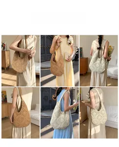 Detail view of woven crochet tote bag showing textures in caramel and cream colors