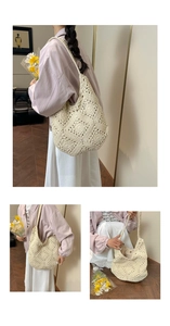 Close-up of beige crochet tote bag showing intricate hollow-out weaving pattern and texture