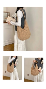 Detailed close-up of beige hand-woven tote bag with geometric crochet patterns