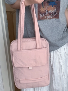 Pink quilted tote bag with multi-compartments for women, lightweight commuter shoulder bag