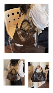 Three-way view of dark brown faux leather bag showing tote, shoulder, and crossbody styles