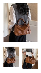 Brown vintage faux leather tote bag with top handle and detachable shoulder strap